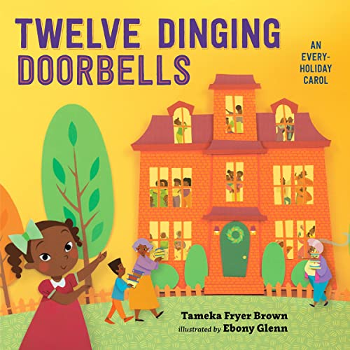 Cover of 12 Dinging Doorbells showing a two story orange house filled with dark-skinned relatives and a dark-skinned child answering the door to let more people in. 