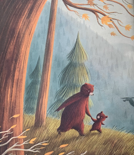 Interior Spread of WINTER LULLABY, a rhyming bedtime book by Dianne White, showing a mother bear walking through a forest holding a baby bear's paw. 