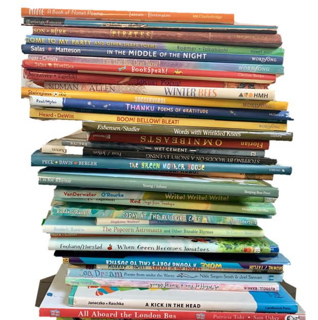 A stack of picture book poetry collections spines showing that the Rhyme Doctors critique service uses as mentor texts. 