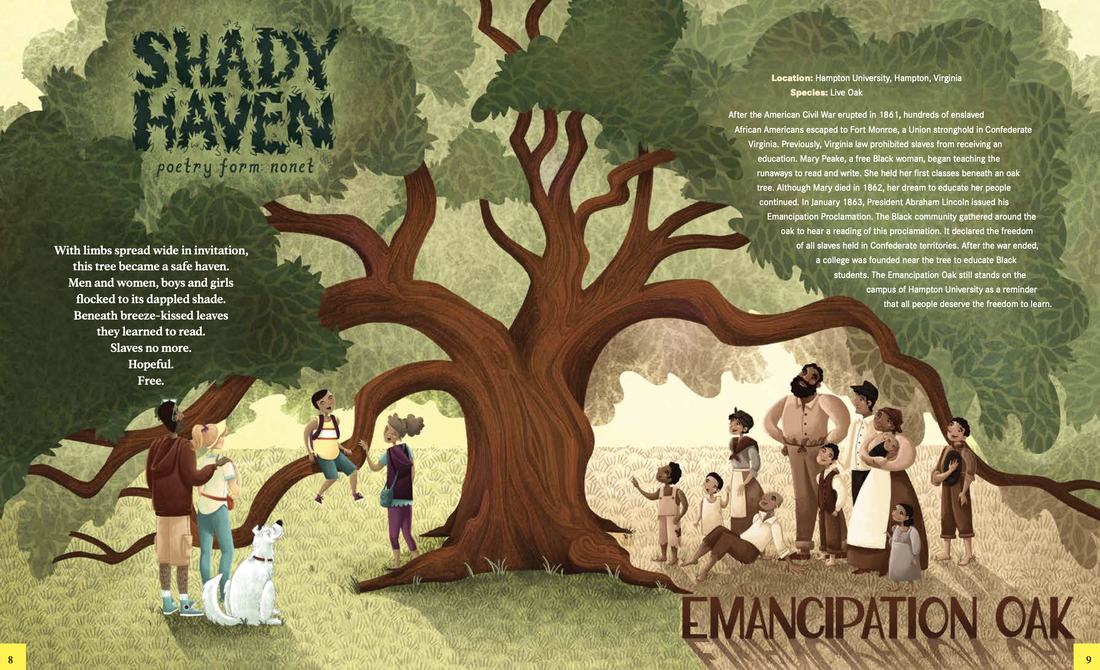 Illustration of the Emancipation Oak with a modern biracial family on the left side and a family of runaway slaves post Civil war on the right side. 