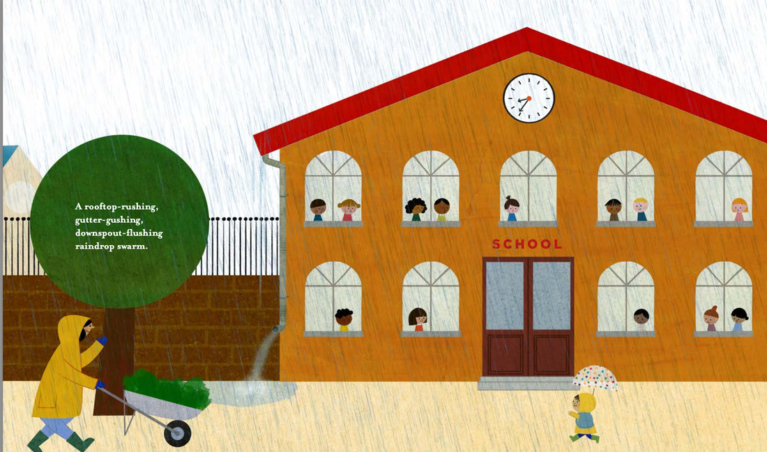 Spread from A PLACE FOR RAIN by Michelle Schaub showing a school front with a child holding a polka dot umbrella rushing in to get out of the rain. 