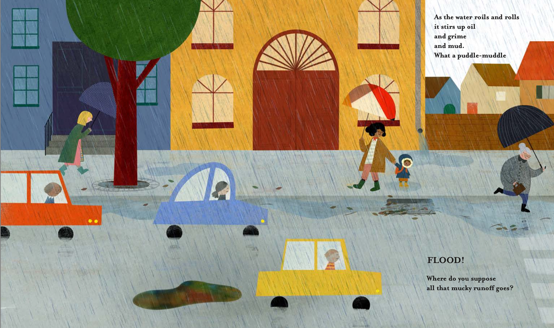 Spread from A PLACE FOR RAIN by Michelle Schaub showing a city street flooded with rain. Cars and people hurry by in the rain,. 