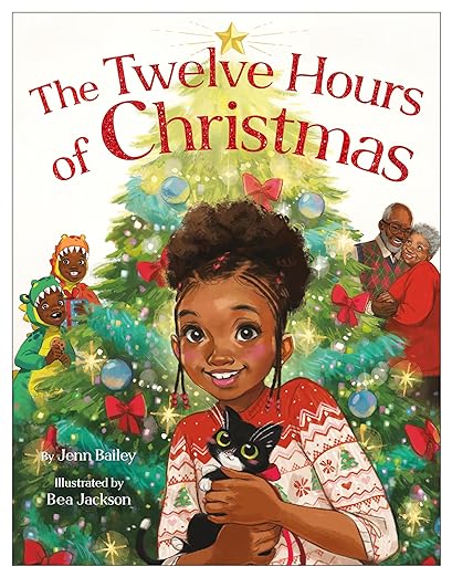 Cover of The 12 Hours of Christmas showing a dark-skinned girl holding a black kitten in front of a Christmas tree