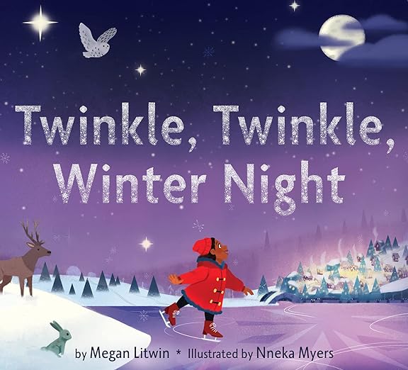 COver of Twinkle, Twinkle Winter Night with a dark-skinned child in a red coat skating on a pond at night.